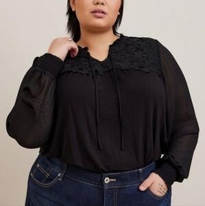Torrid Women's Black Super Soft Knit Top with Chiffon Sleeves Lace Yoke with Tie